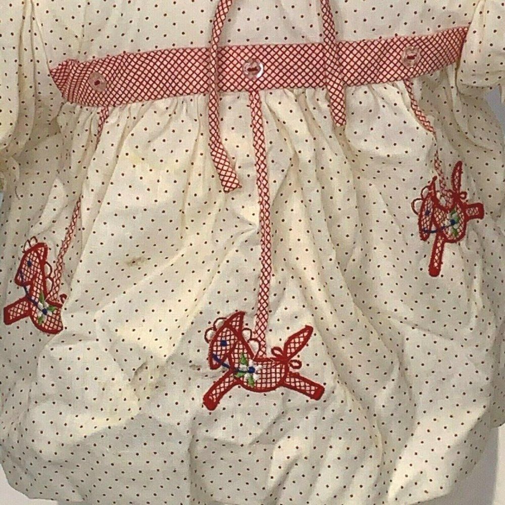 Vintage Infant Babydoll Dress 0-3m Polka Dots Embroidered Horses Collar Buttons - Picture 3 of 5